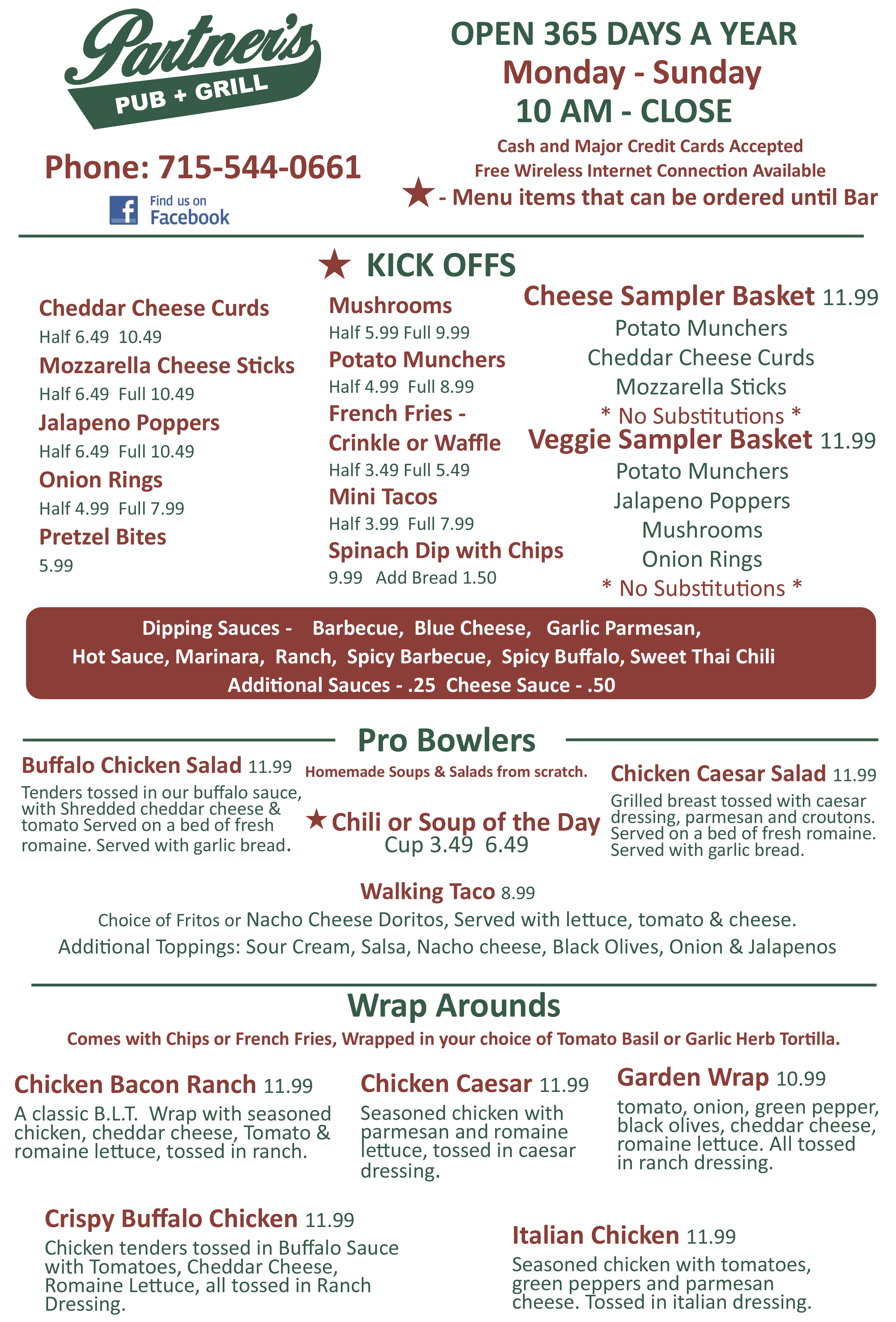 Partner's Pub Menu Page 1